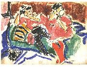 Two women at a couch